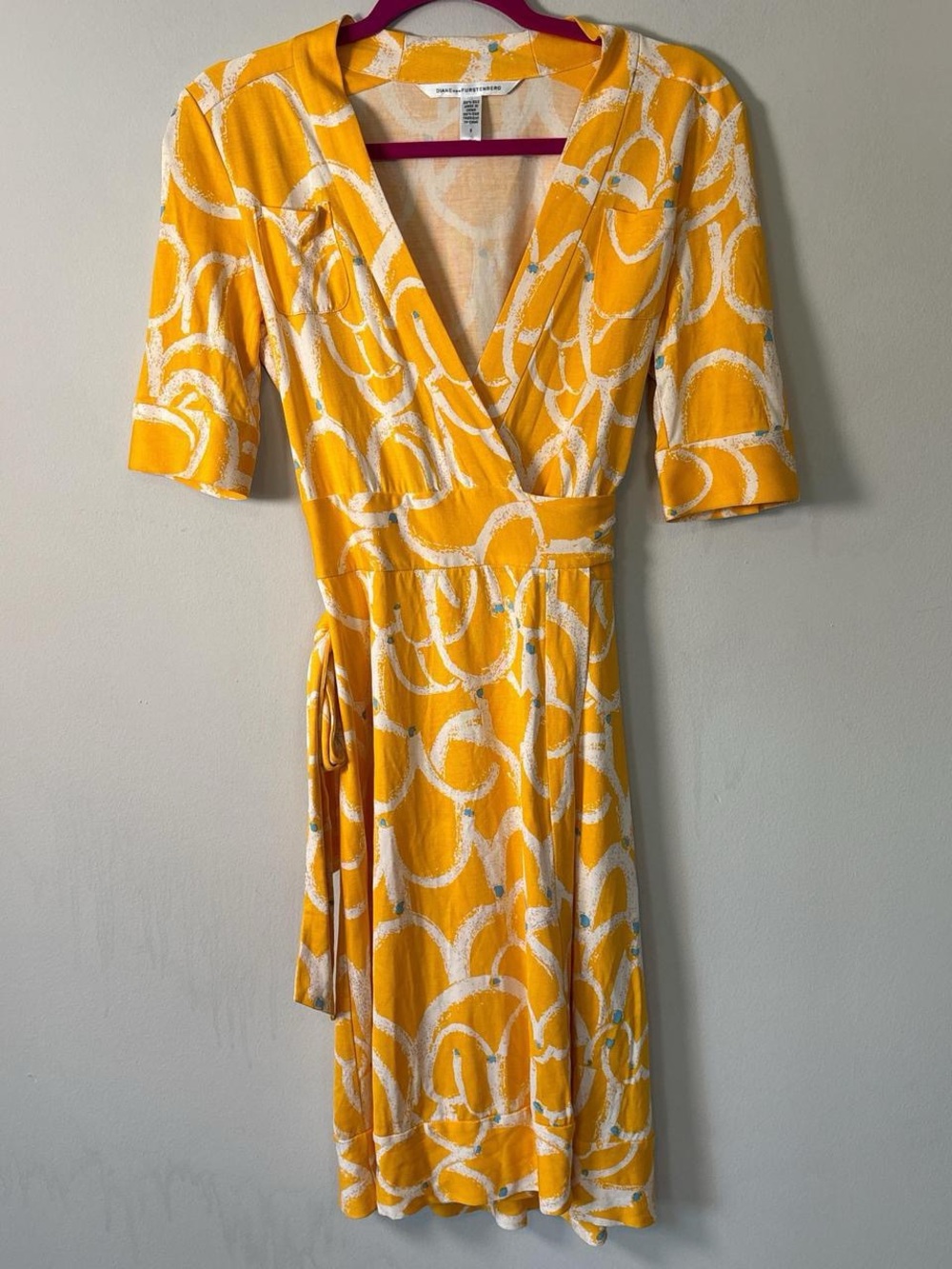 DVF Diane von Furstenberg Lucinda Silk Jersey Wrap Dress Yellow Abstract Swirl 8